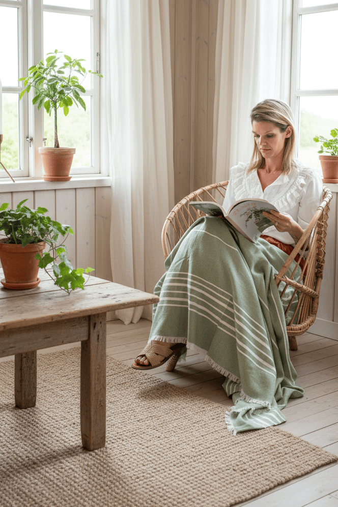 Sommerplaid i bomuld - Grøn Tiseco